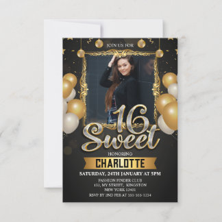 Black & Gold Sweet 16 Foto Glitzer Ballon Einladung