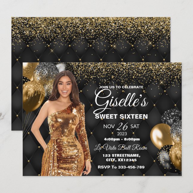 Black & Gold Sweet 16 Girl Birthday Invitation (Devant / Derrière)
