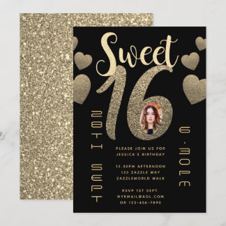 Black Gold Sweet 16 Moderner Foto Glitzer lädt ein Einladung