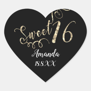 Black Gold Sweet 16. White Heart Name Datum Herz-Aufkleber