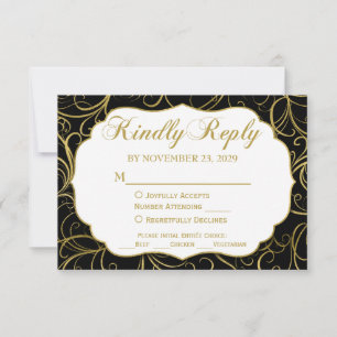Black Gold Swirl RSVP Mariage Réponse avec/Repas