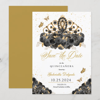 Black & Gold Tiara Save the Date Quinceañera Einladung