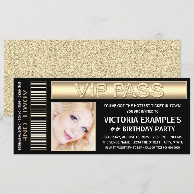 Black Gold Ticket Einladung zum Geburtstag (Vorne/Hinten)