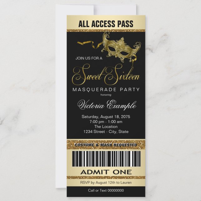 Black Gold Ticket Style Sweet 16 Masquerade Party Einladung (Vorderseite)