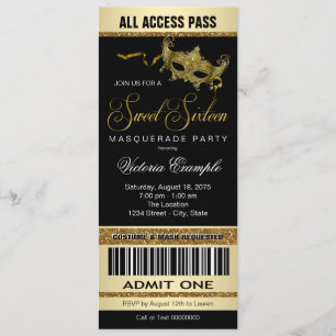 Black Gold Ticket Style Sweet 16 Masquerade Party Einladung
