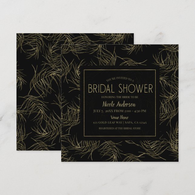 Black & Gold Tropical Glam Blätter Brautparty Einladung (Vorne/Hinten)