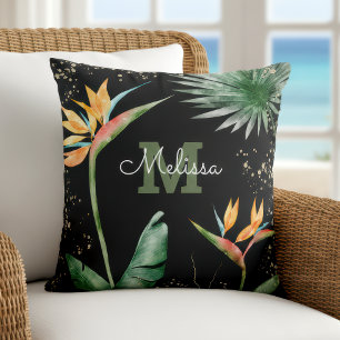Black Gold Tropical Island Floral Monogram Script Kissen