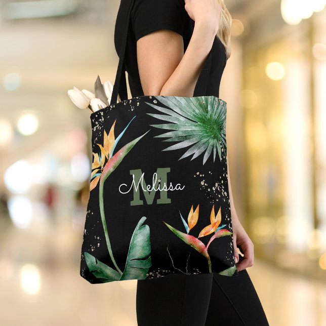 Black Gold Tropical Island Floral Monogram Script Tasche (Von Creator hochgeladen)