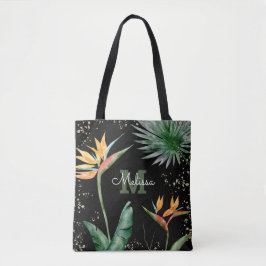 Black Gold Tropical Island Floral Monogram Script Tasche