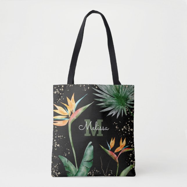 Black Gold Tropical Island Floral Monogram Script Tasche (Vorderseite)