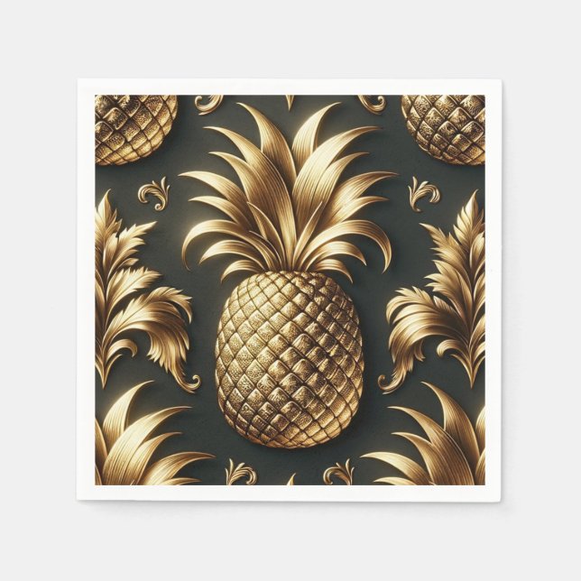 Black & Gold Tropical Pineapse Luxuriöse Hochzeit Serviette (Vorderseite)
