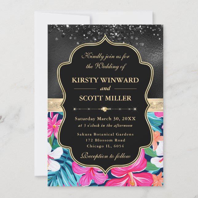 Black Gold Tropical Preppy Flowers Wedding Einladung (Vorderseite)