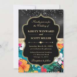 Black Gold Tropical Preppy Flowers Wedding Einladung