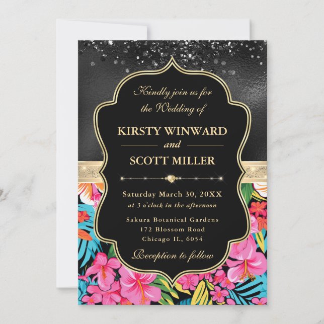Black Gold Tropical Preppy Flowers Wedding Einladung (Vorderseite)