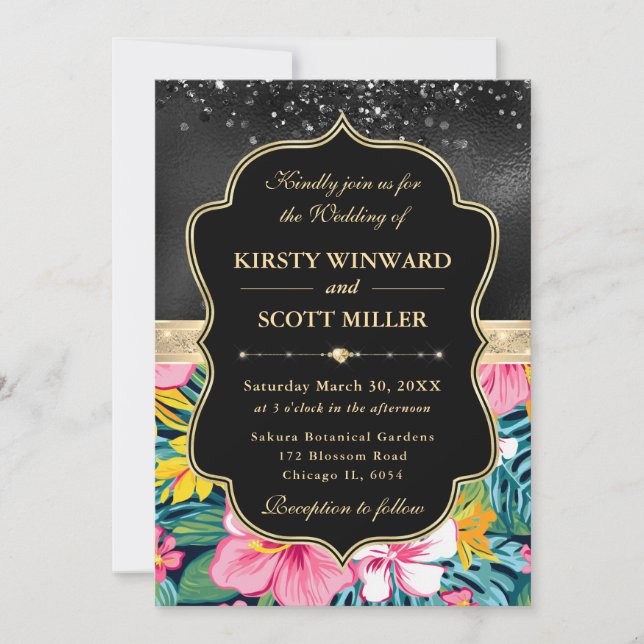 Black Gold Tropical Preppy Flowers Wedding Einladung (Vorderseite)