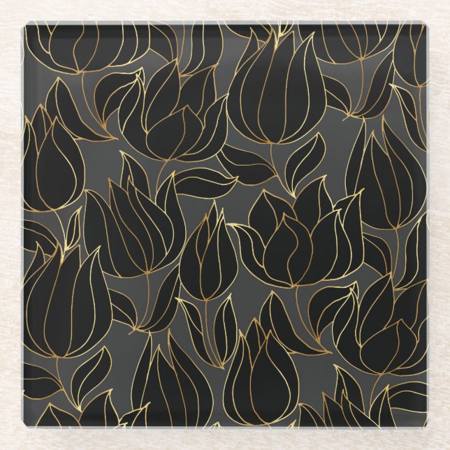 Black Gold Tulips: Luxuriöses Blumenmuster Glasuntersetzer (Vorderseite)