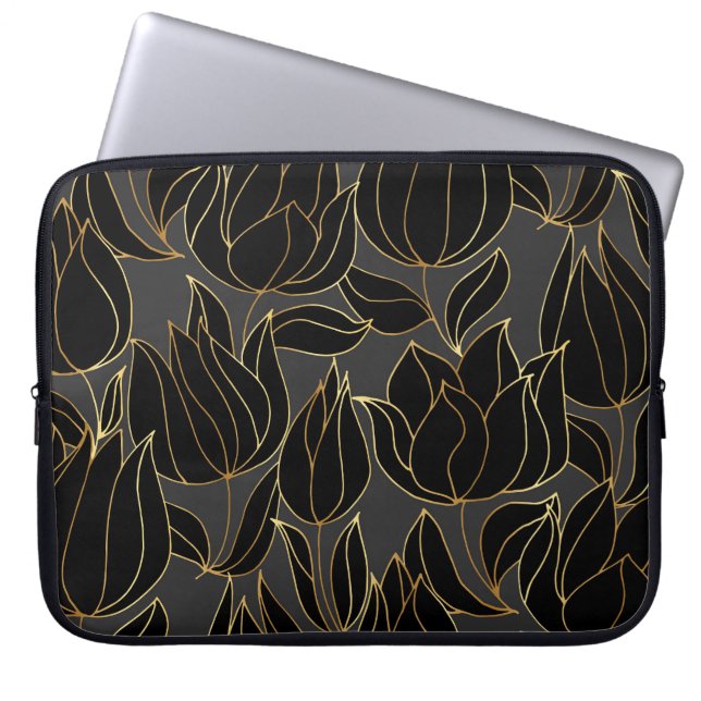 Black Gold Tulips: Luxuriöses Blumenmuster Laptopschutzhülle (Vorderseite)