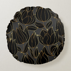 Black Gold Tulips: Luxuriöses Blumenmuster Rundes Kissen
