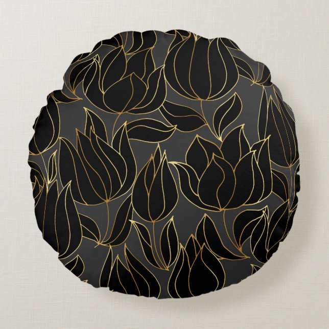 Black Gold Tulips: Luxuriöses Blumenmuster Rundes Kissen (Vorderseite)