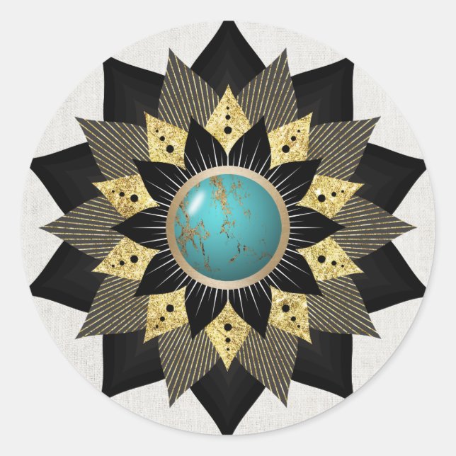 Black Gold Turquoise Lotus Blume Mandala Runder Aufkleber (Vorderseite)