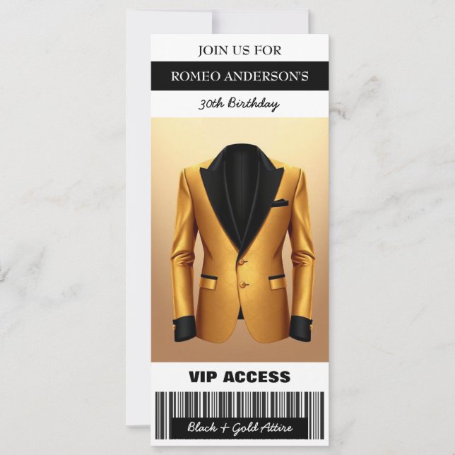 Black Gold Tuxedo Birthday Ticket Einladung (Vorderseite)