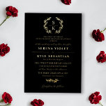 Black Gold Typografy Wreath Monogram Wedding Folieneinladung<br><div class="desc">Elegante traditionelle Hochzeitseinladung in Goldfolie und schwarzer Typografie-Design mit einem Lorbeerkranz-Monogramm und schönen Schriftart. Typografie Hochzeitseinladung mit einem grünen Monogramm und schöne Schriftart mit den Eltern Hosting. Mit Monogramm Goldfolie-Hochzeitseinladung mit traditionellem typografischem Design und Grün. Mit Monogramm Hochzeitseinladung in Schwarz und Gold.</div>