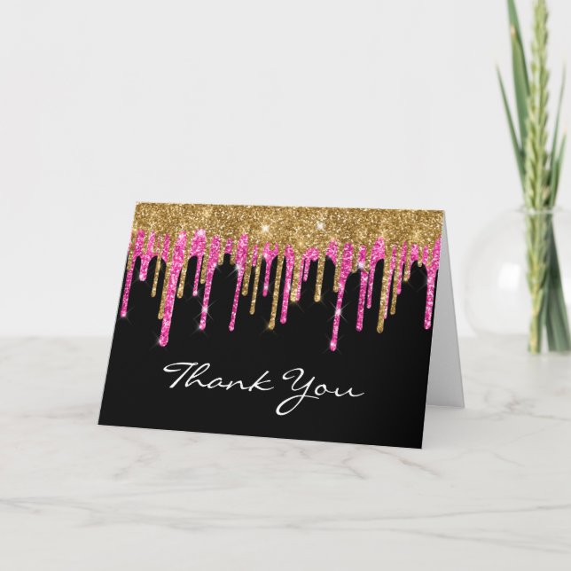 Black Gold und Deep Pink Glitzer Tropfen Quinceañe Dankeskarte (Vorderseite)
