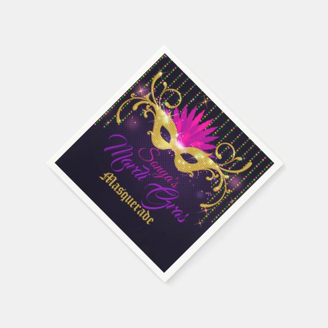Black|Gold und Pink Mardi Gras Maske mit Perlen Serviette (Ecke)