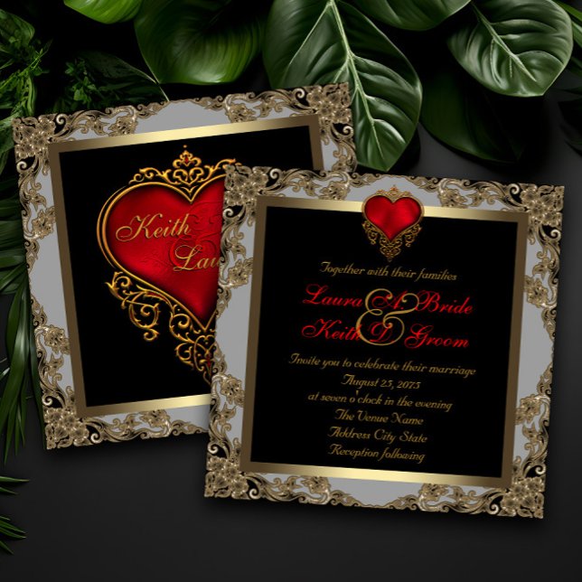 Black Gold und Red Heart Wedding Einladung (Elegant red, black gold heart invitations.)