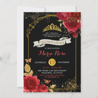 Black Gold und Rote Rosen Königliche Krone Quincea Einladung