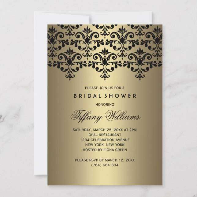 Black & Gold Vintag Damask Brautparty laden ein Einladung (Vorderseite)
