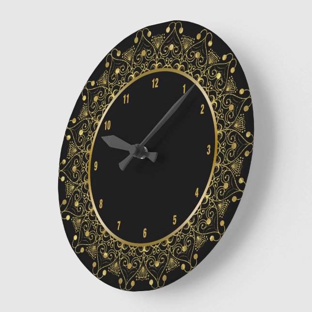 Black & Gold Vintag Floral Mandala Große Wanduhr (Winkel)