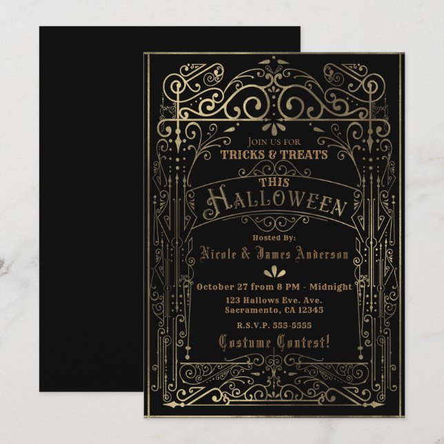 Black & Gold Vintager Viktorianischer Deko Hallowe Einladung (Vorne/Hinten)
