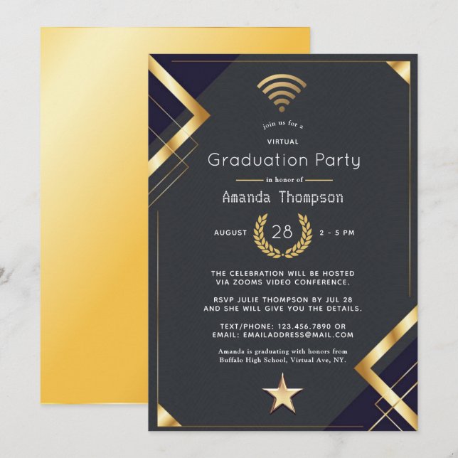 Black & Gold Virtual Graduation Party-Zertifikat Einladung (Vorne/Hinten)