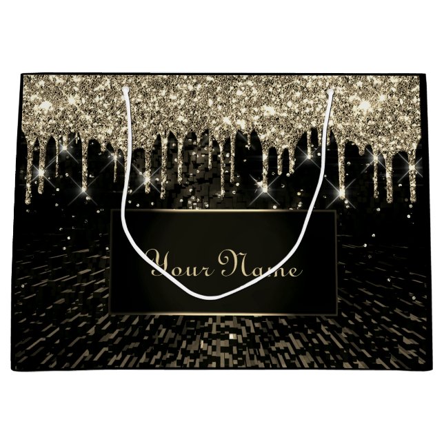 Black Gold Wedding Bridal Name VIP Glitzer Tropfen Große Geschenktüte (Vorderseite)
