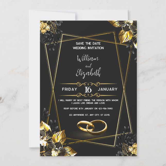 Black & Gold Wedding Invitation Card Einladung (Vorderseite)