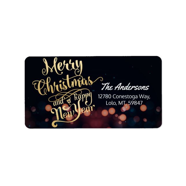 Black & Gold Weihnachten & Happy New Year Typograf Adressaufkleber (Vorne)