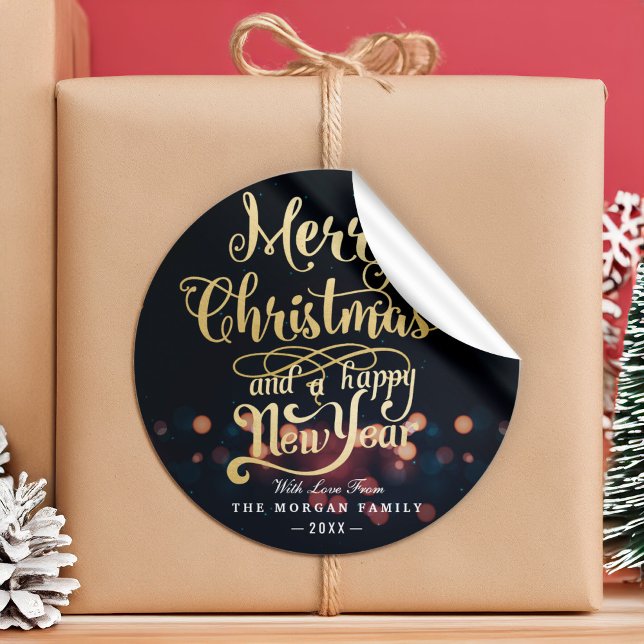 Black & Gold Weihnachten & Happy New Year Typograf Runder Aufkleber (Von Creator hochgeladen)