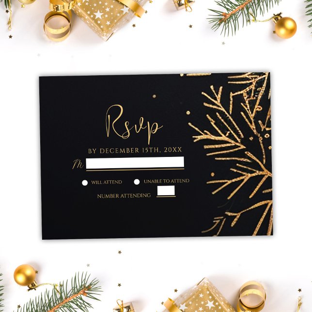 Black Gold Weihnachts-Party Moderne Elegante Feier RSVP Karte (Black Gold Christmas Party Modern Elegant Holiday RSVP Card)