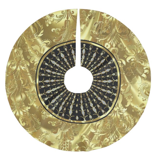 Black & Gold Weihnachts-Schneeflocke Polyester Weihnachtsbaumdecke (Vorderseite)