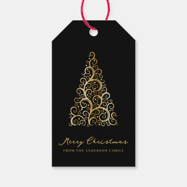 Black Gold Weihnachtsbaum Elegante Custom Geschenkanhänger (Vorderseite)