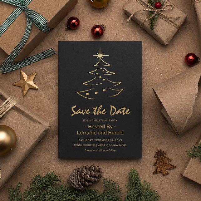 Black & Gold Weihnachtsbaum Save the Date Einladungspostkarte (Von Creator hochgeladen)
