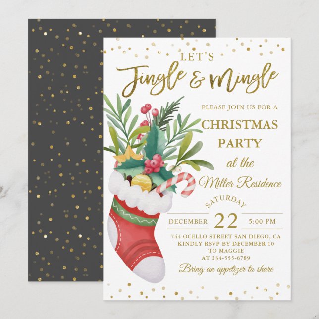 Black Gold Weihnachtsblumen Jingle und Mingle Einladung (Vorne/Hinten)