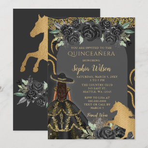 Black Gold Western Horse Floral Charra Quinceañera Einladung