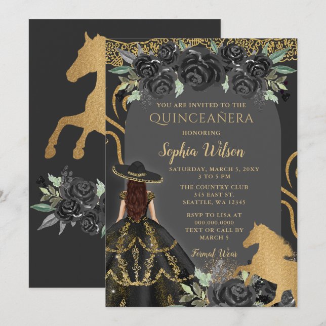 Black Gold Western Horse Floral Charra Quinceañera Einladung (Vorne/Hinten)