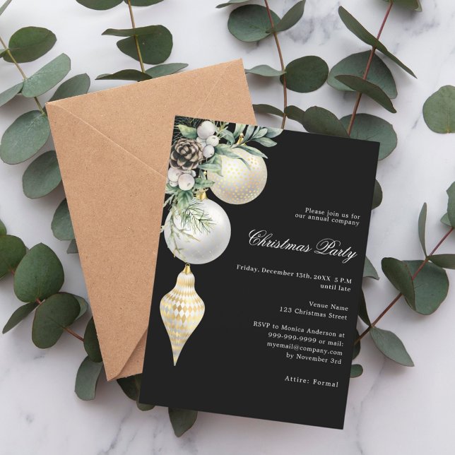 Black gold white baubles Unternehmen Weihnachts Pa Einladung (Von Creator hochgeladen)