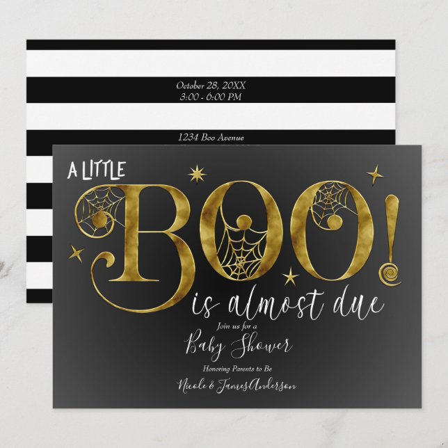 Black Gold White BOO Elegante Baby Dusche Einladung (Vorne/Hinten)