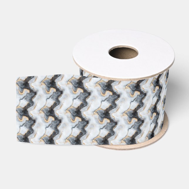 Black, Gold & White Marble Print Grosgrain Ribbon Ripsband (Spule)