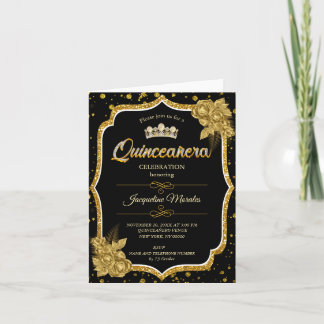 Black Gold & White Quinceañera Birthday Einladung