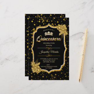 Black Gold & White Quinceañera Birthday Einladung Briefpapier